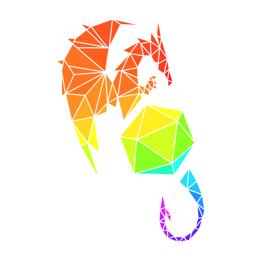 A rainbow-colored, geometric drawing of a dragon's silhouette and a wireframe d20 on a white background.