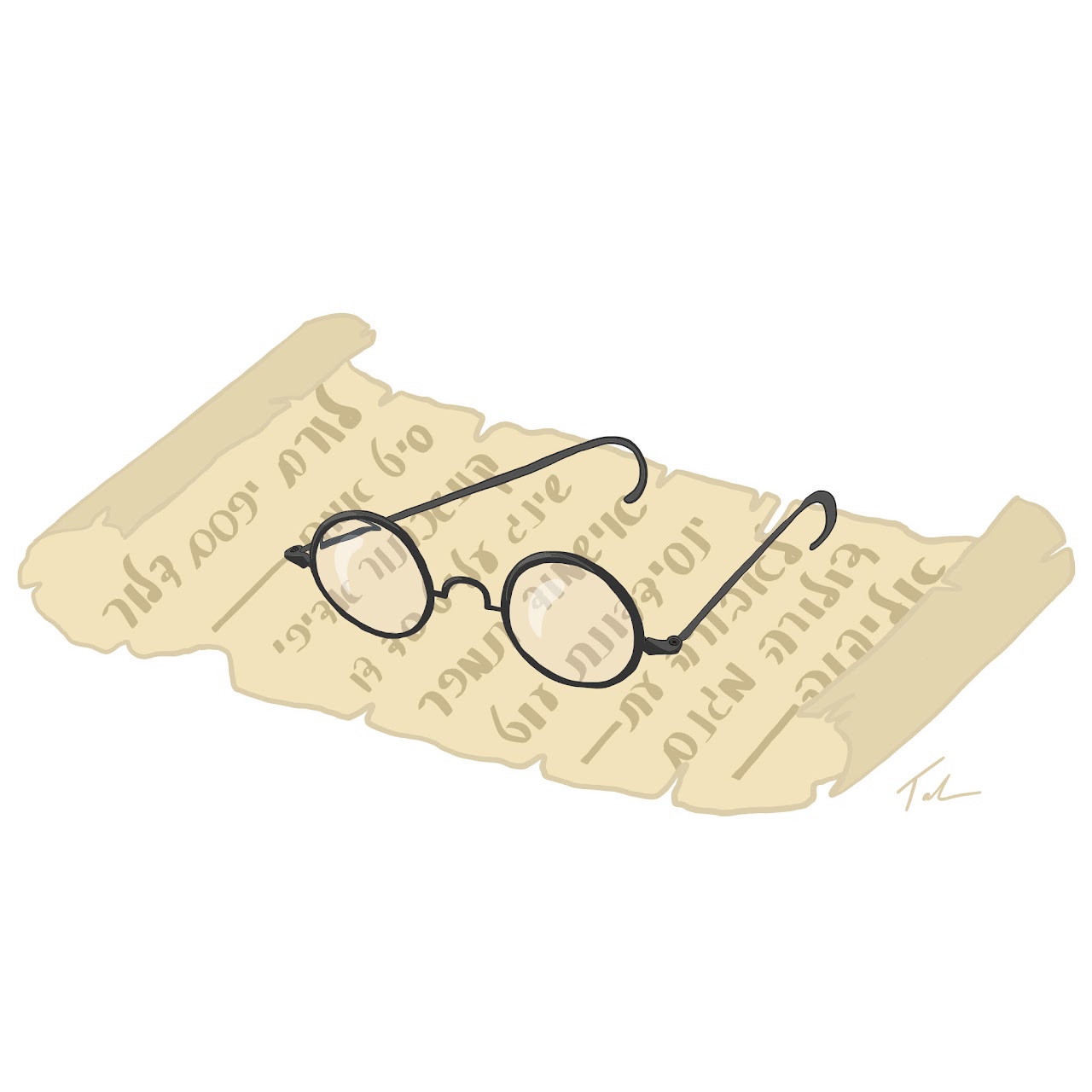 An illustration of glasses on an unfurled scroll covered in ancient text.